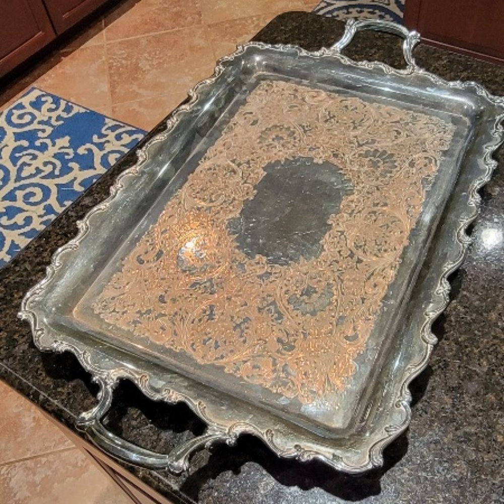 Antique Silver Over Copper British Cartouche Large Estate Serving Tray